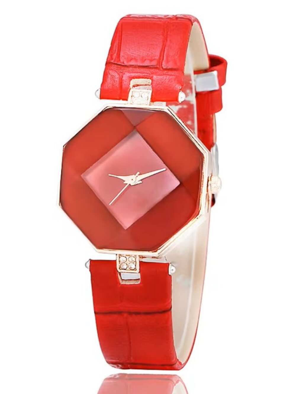 Red Womens Watch Geometric Octagon Faceted Dial Analog Fashion Dress Wristwatch